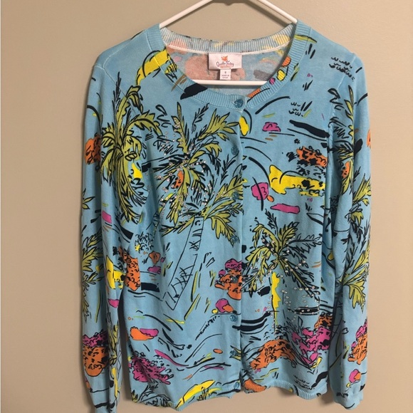 Quacker Factory Lightweight Cardigan Tropical Vacation Print Size Small Blue - Picture 1 of 8